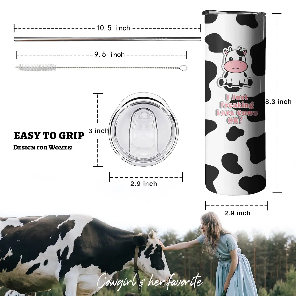 Mofvugz Cow Print Insulated Tumbler 590ml (20 Oz) | Cute Cartoon Cow Lover Gift - view 2