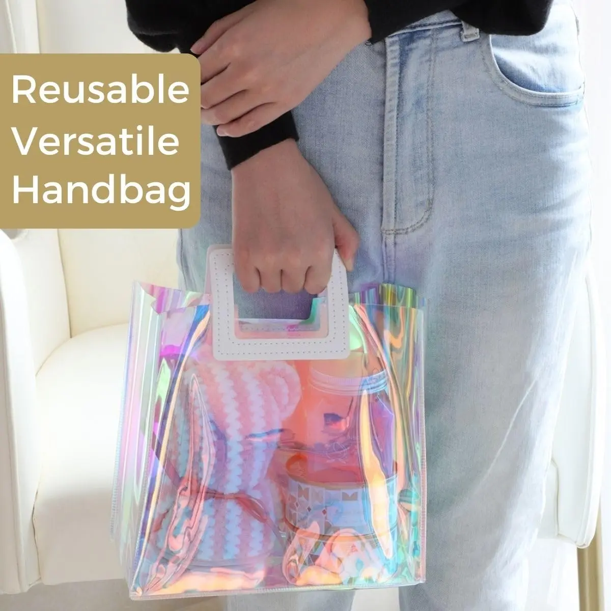 VUOJUR 8.3'' Holographic Small Gift Bag Reusable Birthday Gift Bag | Iridescent Rainbow Design, 21cm x 20cm x 10cm - view 4