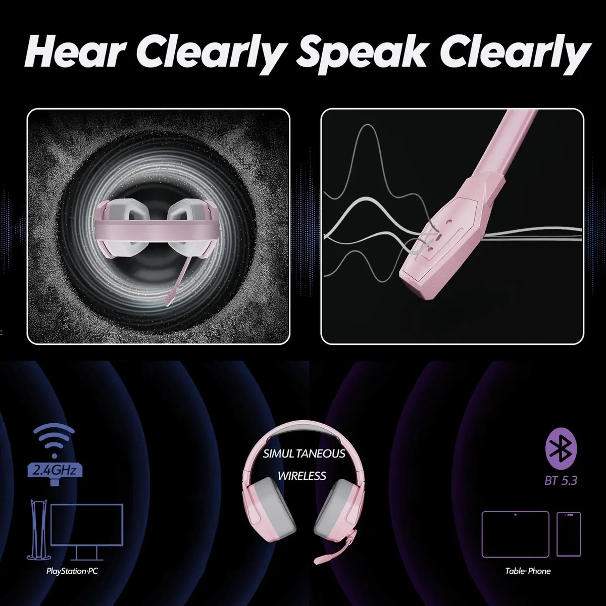NUBWO G06 Dual Wireless Gaming Headset with Mic for PS5, PS4, PC, Mobile, Switch | 2.4GHz Wireless + Bluetooth - 100 Hr Battery - Pink - view 8