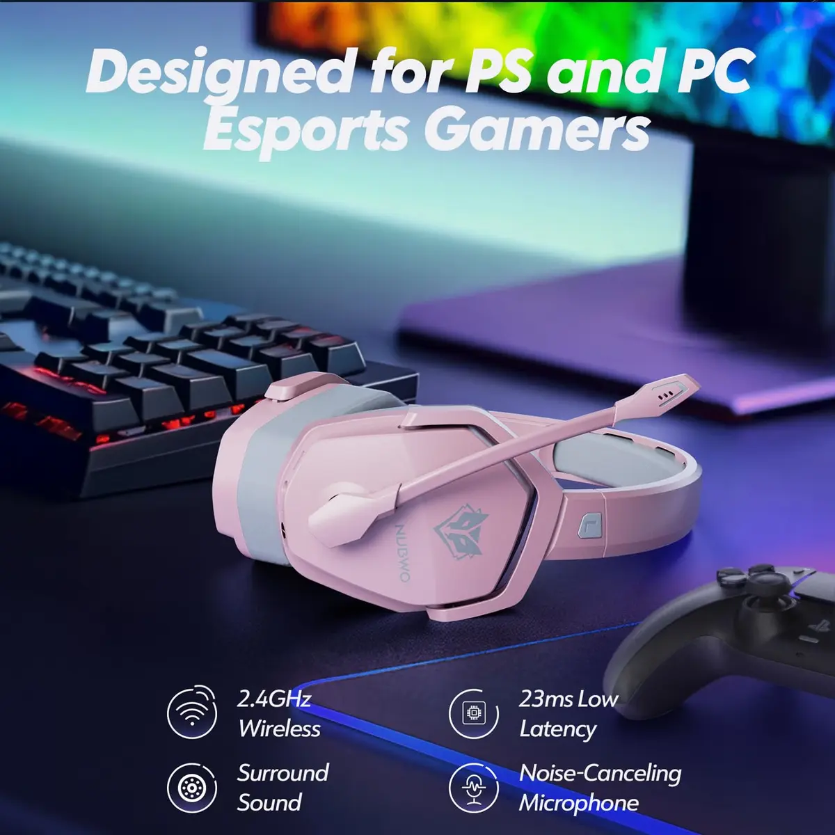 NUBWO G06 Dual Wireless Gaming Headset with Mic for PS5, PS4, PC, Mobile, Switch | 2.4GHz Wireless + Bluetooth - 100 Hr Battery - Pink - view 2
