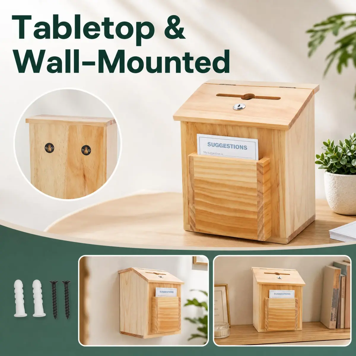 ZENFUN Natural Safe Suggestion Box with Lock & 50 Cards | 25cm (10") Height - view 6