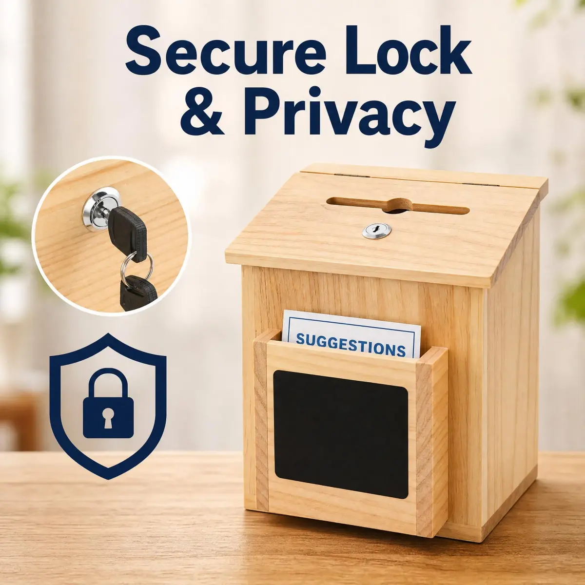 ZENFUN Natural Safe Suggestion Box with Lock & 50 Cards | 25cm (10") Height - view 7