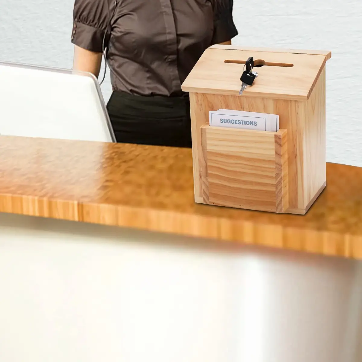 ZENFUN Natural Safe Suggestion Box with Lock & 50 Cards | 25cm (10") Height - view 9