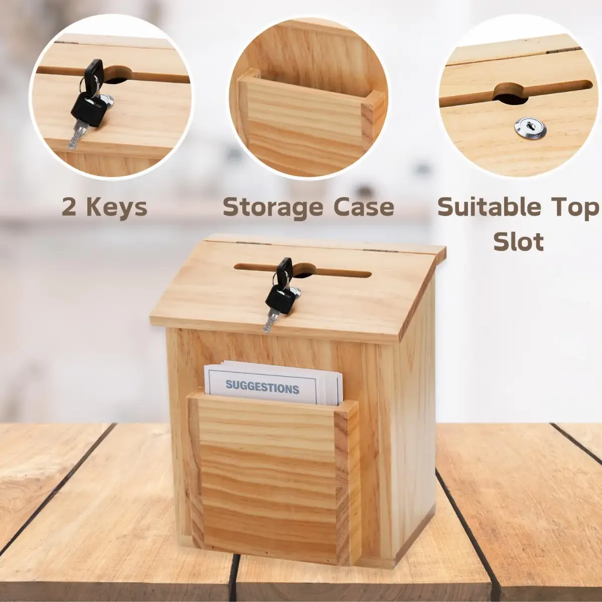 ZENFUN Natural Safe Suggestion Box with Lock & 50 Cards | 25cm (10") Height - view 3