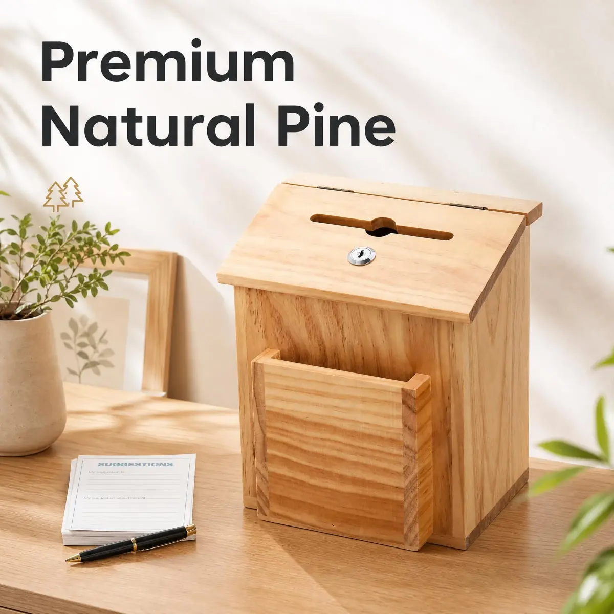 ZENFUN Natural Safe Suggestion Box with Lock & 50 Cards | 25cm (10") Height - view 4