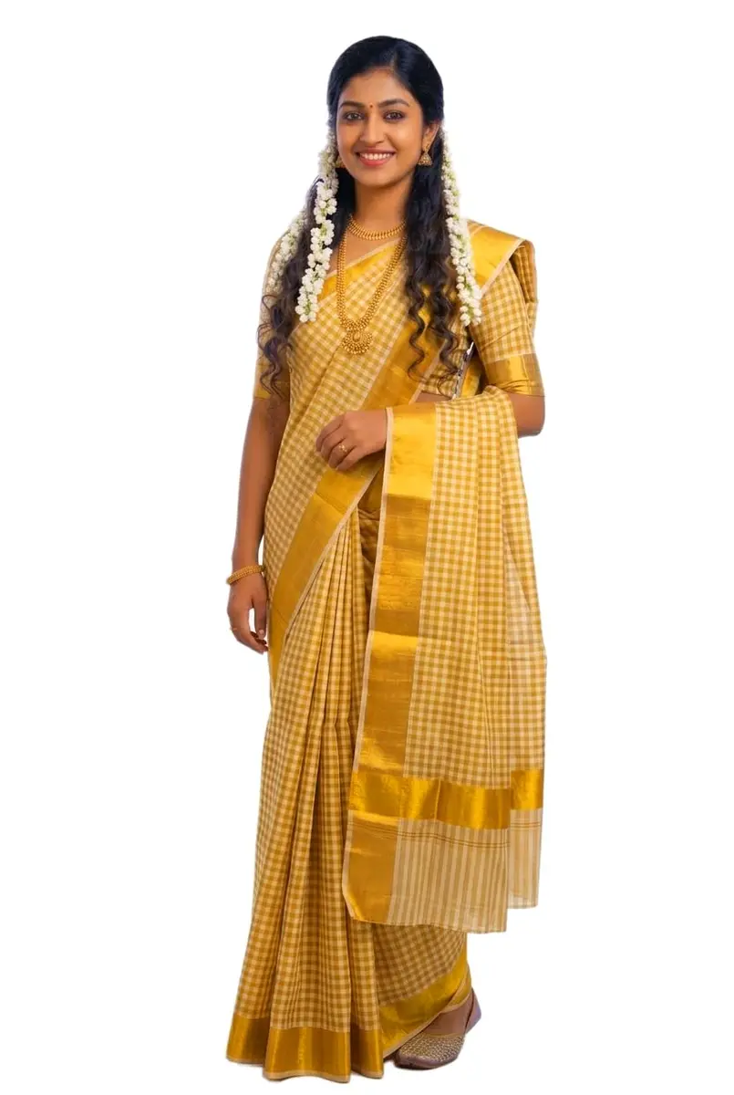 YETTALAN Kerala Traditional Cotton Checked Sari with Gold Jari Blouse 6.25m (20.5 ft) - main product image