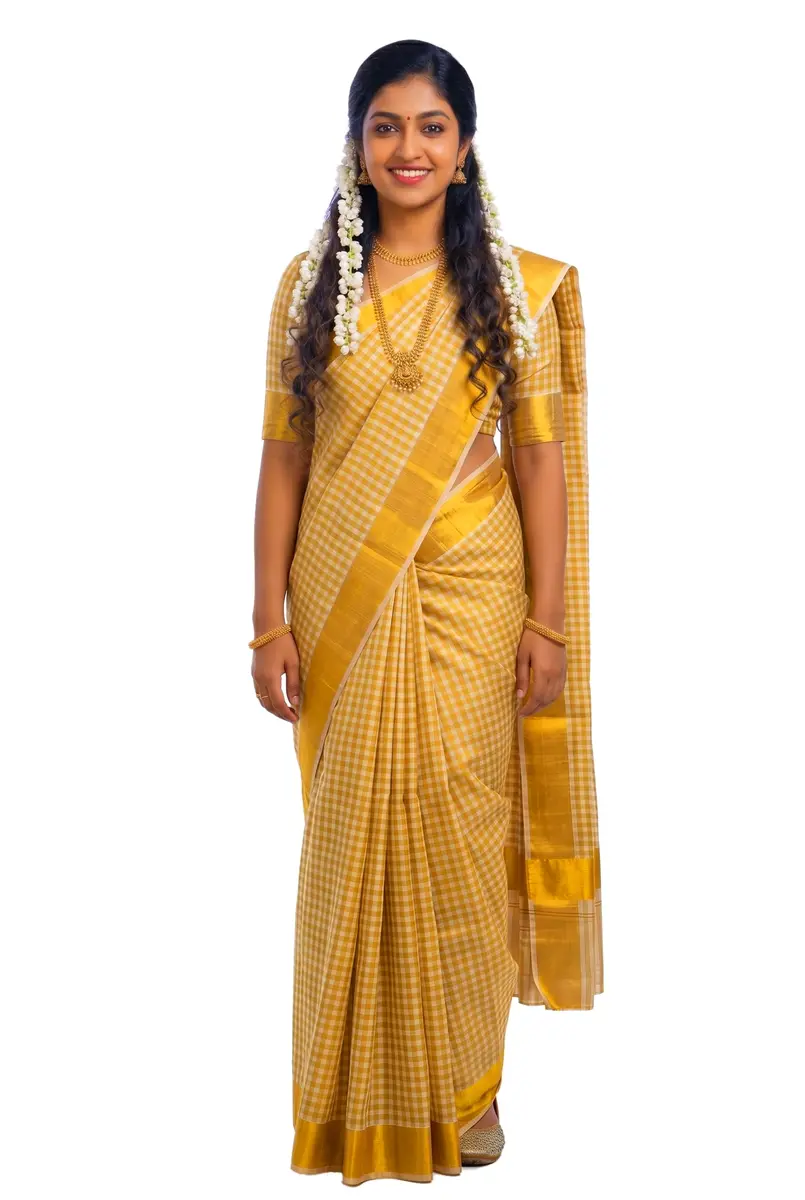 YETTALAN Kerala Traditional Cotton Checked Sari with Gold Jari Blouse 6.25m (20.5 ft) - view 6