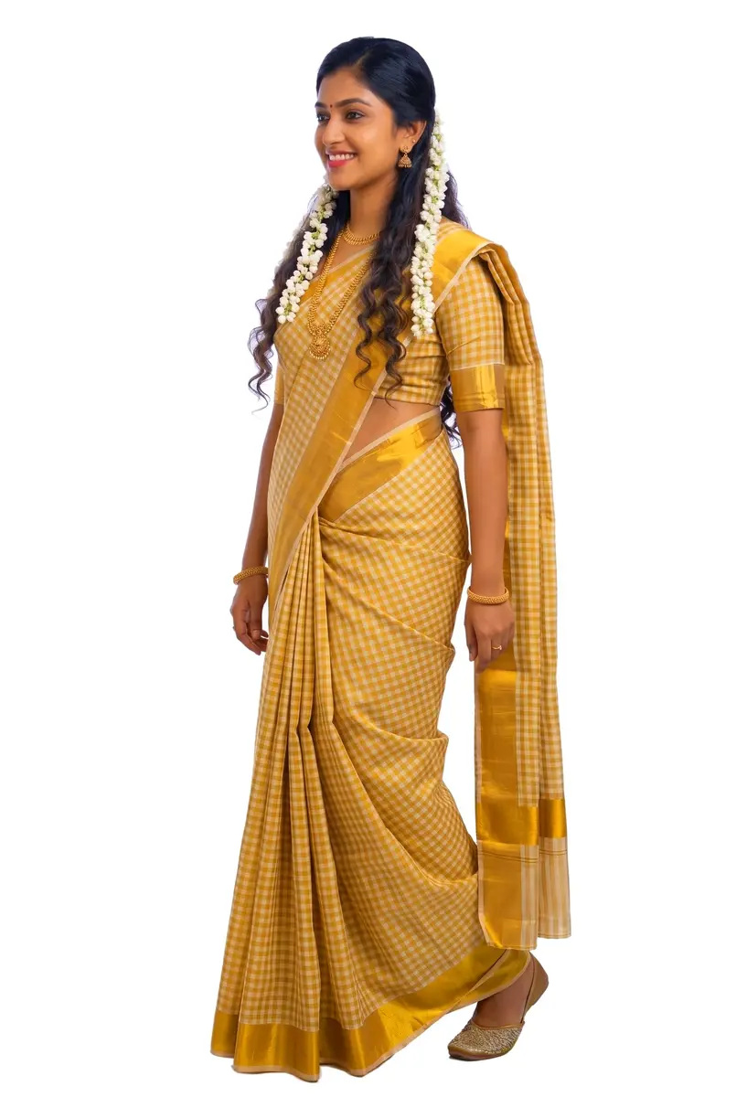 YETTALAN Kerala Traditional Cotton Checked Sari with Gold Jari Blouse 6.25m (20.5 ft) - view 7