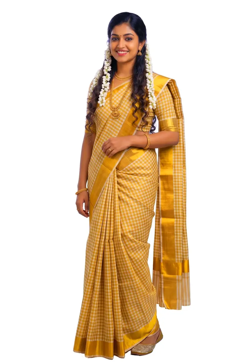YETTALAN Kerala Traditional Cotton Checked Sari with Gold Jari Blouse 6.25m (20.5 ft) - view 4