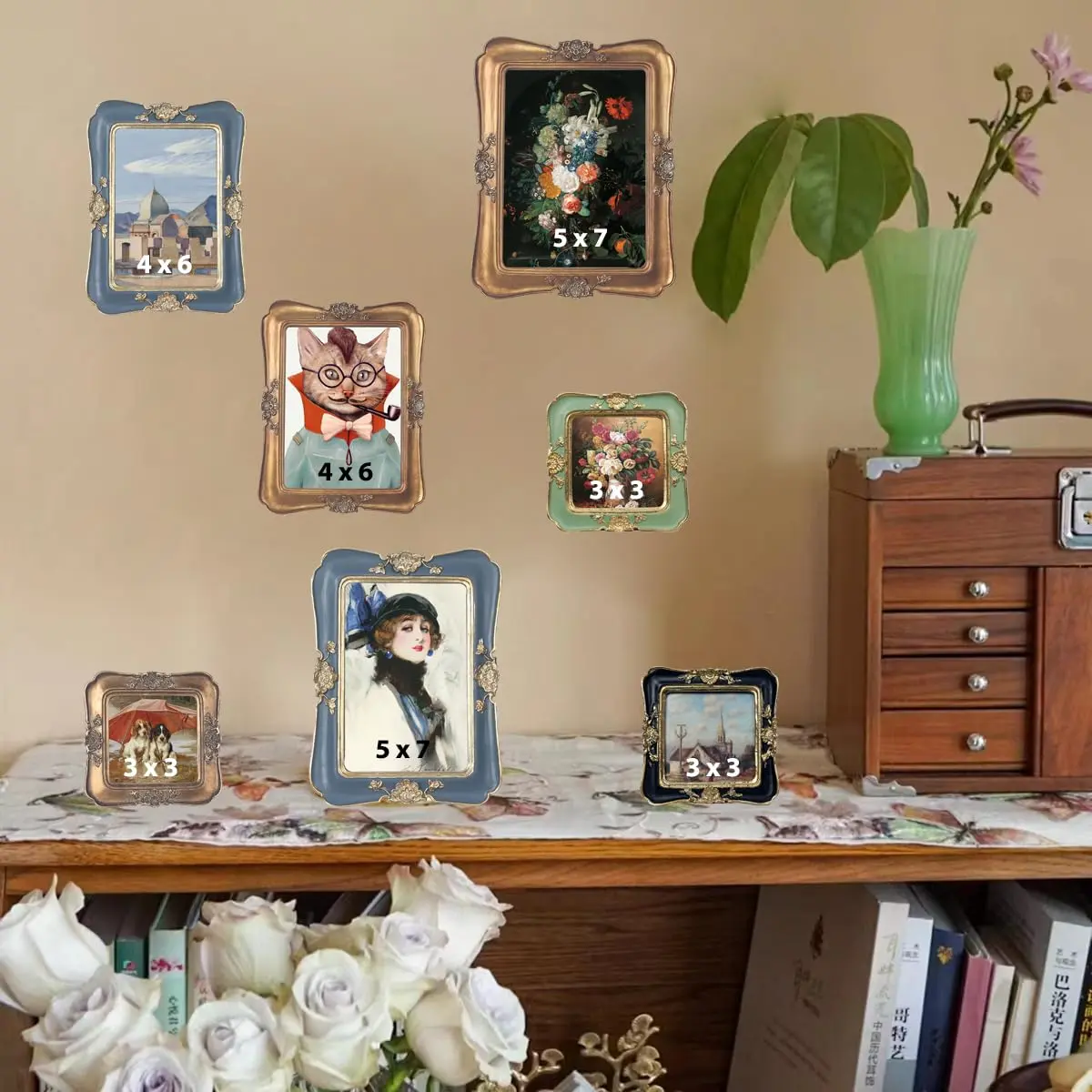 WINPLUS+ Vintage Picture Frame 3x3 inch (7.6x7.6 cm) with 4x4 inch (10.2x10.2 cm) Outer Dimensions | Antique Golden Floral Resin Display - view 3