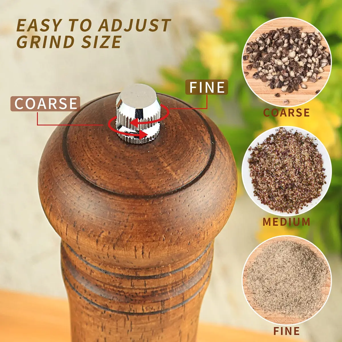 Haomacro Pepper Grinder Set (2 Piece) 8 inch Natural Oak Salt & Pepper Mills Refillable Adjustable Coarse Fine - view 6