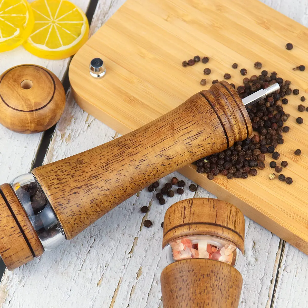 Haomacro Pepper Grinder Set (2 Piece) 8 inch Natural Oak Salt & Pepper Mills Refillable Adjustable Coarse Fine - view 2