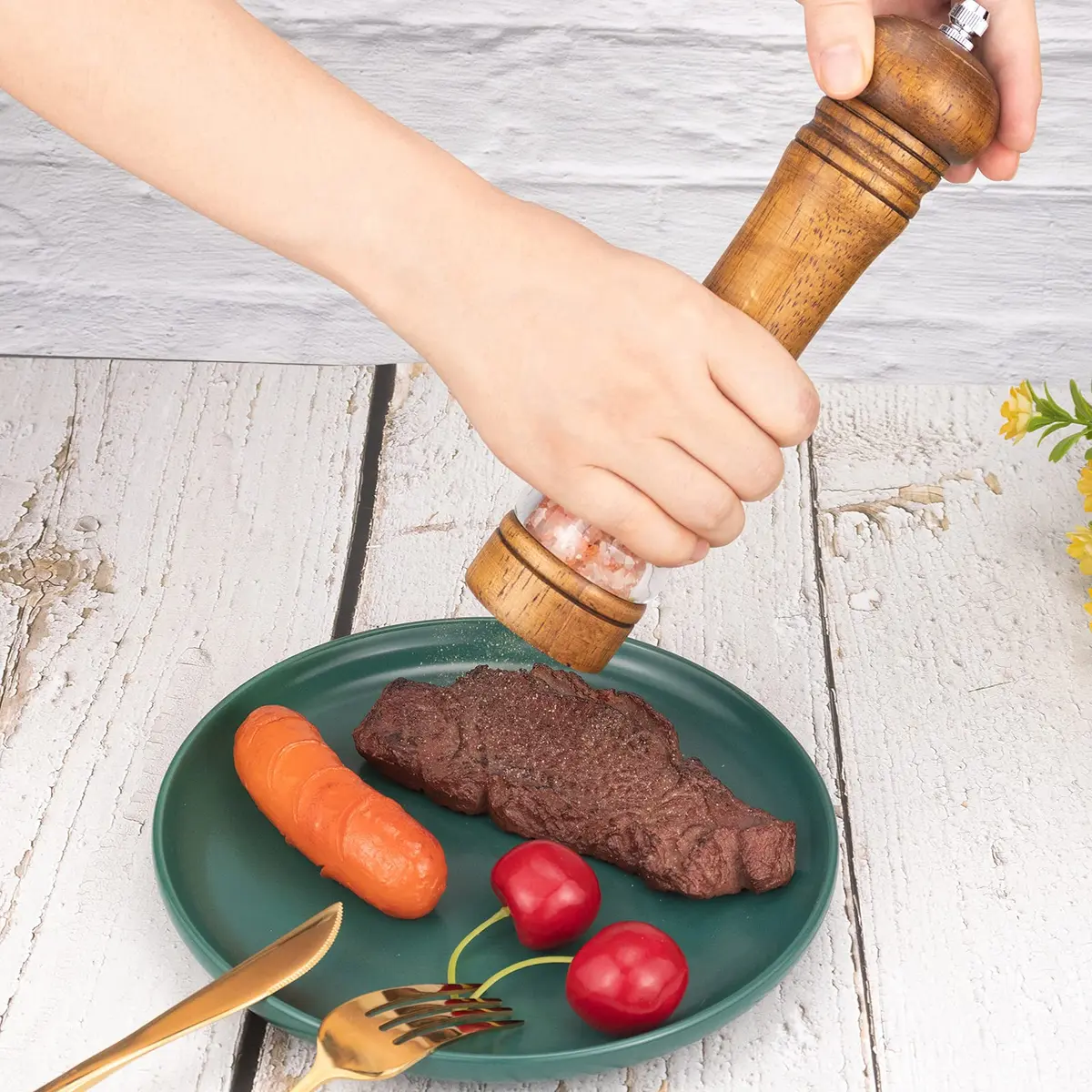 Haomacro Pepper Grinder Set (2 Piece) 8 inch Natural Oak Salt & Pepper Mills Refillable Adjustable Coarse Fine - view 3