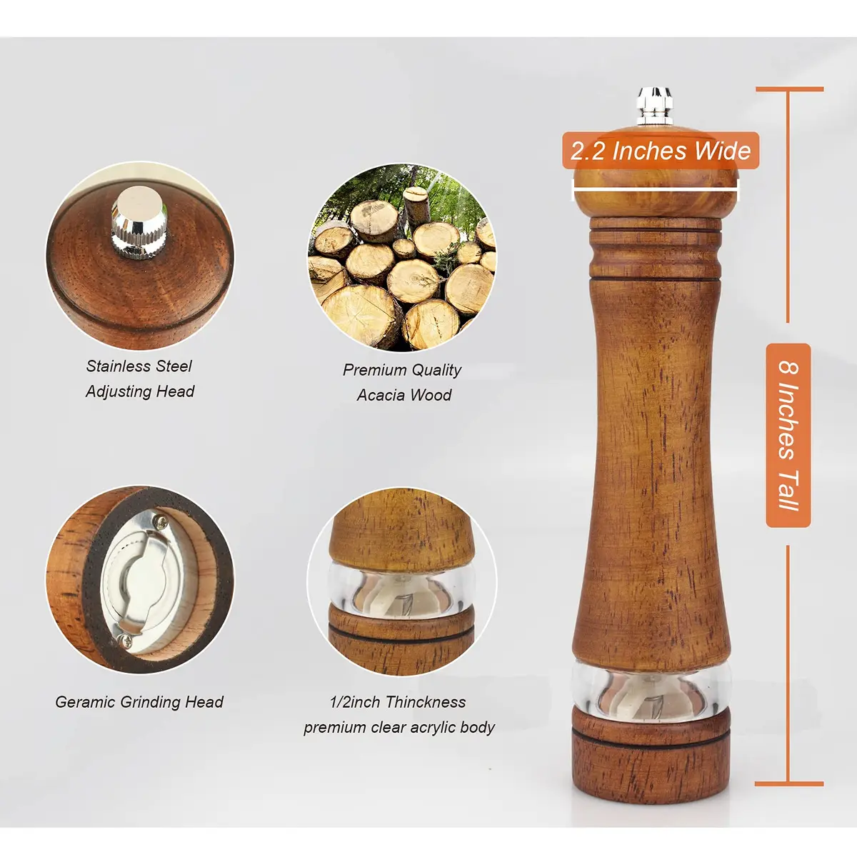 Haomacro Pepper Grinder Set (2 Piece) 8 inch Natural Oak Salt & Pepper Mills Refillable Adjustable Coarse Fine - view 4