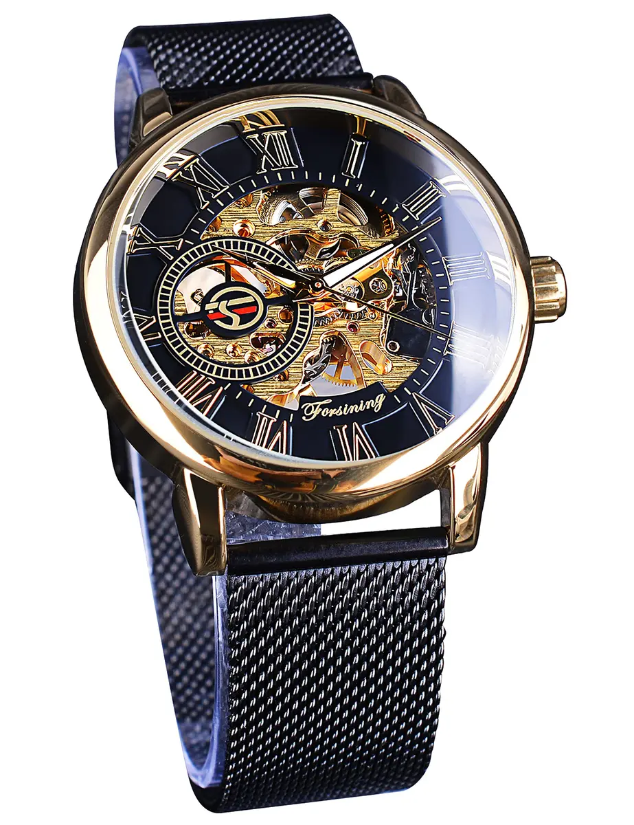 FORSINING Steampunk Mechanical Watch for Men | 37mm Case, Skeleton Dial, Mesh Band - main product image