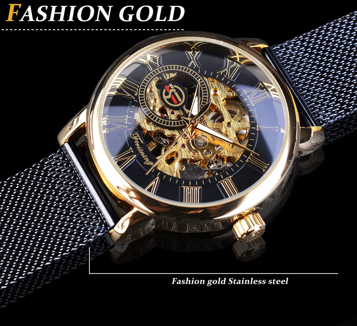 FORSINING Steampunk Mechanical Watch for Men | 37mm Case, Skeleton Dial, Mesh Band - view 5