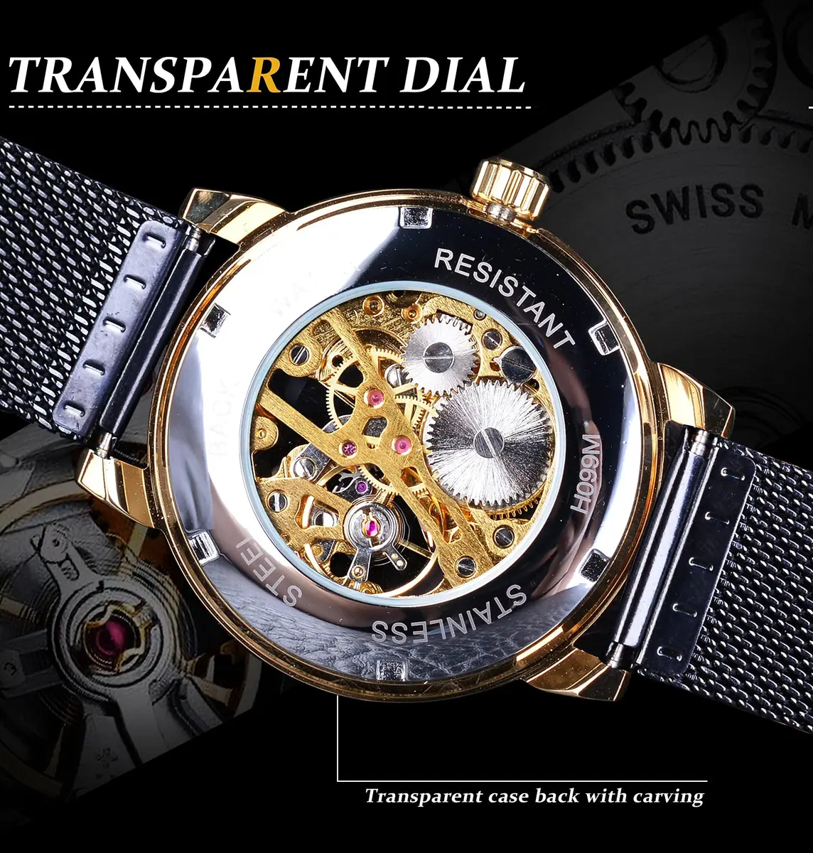 FORSINING Steampunk Mechanical Watch for Men | 37mm Case, Skeleton Dial, Mesh Band - view 6