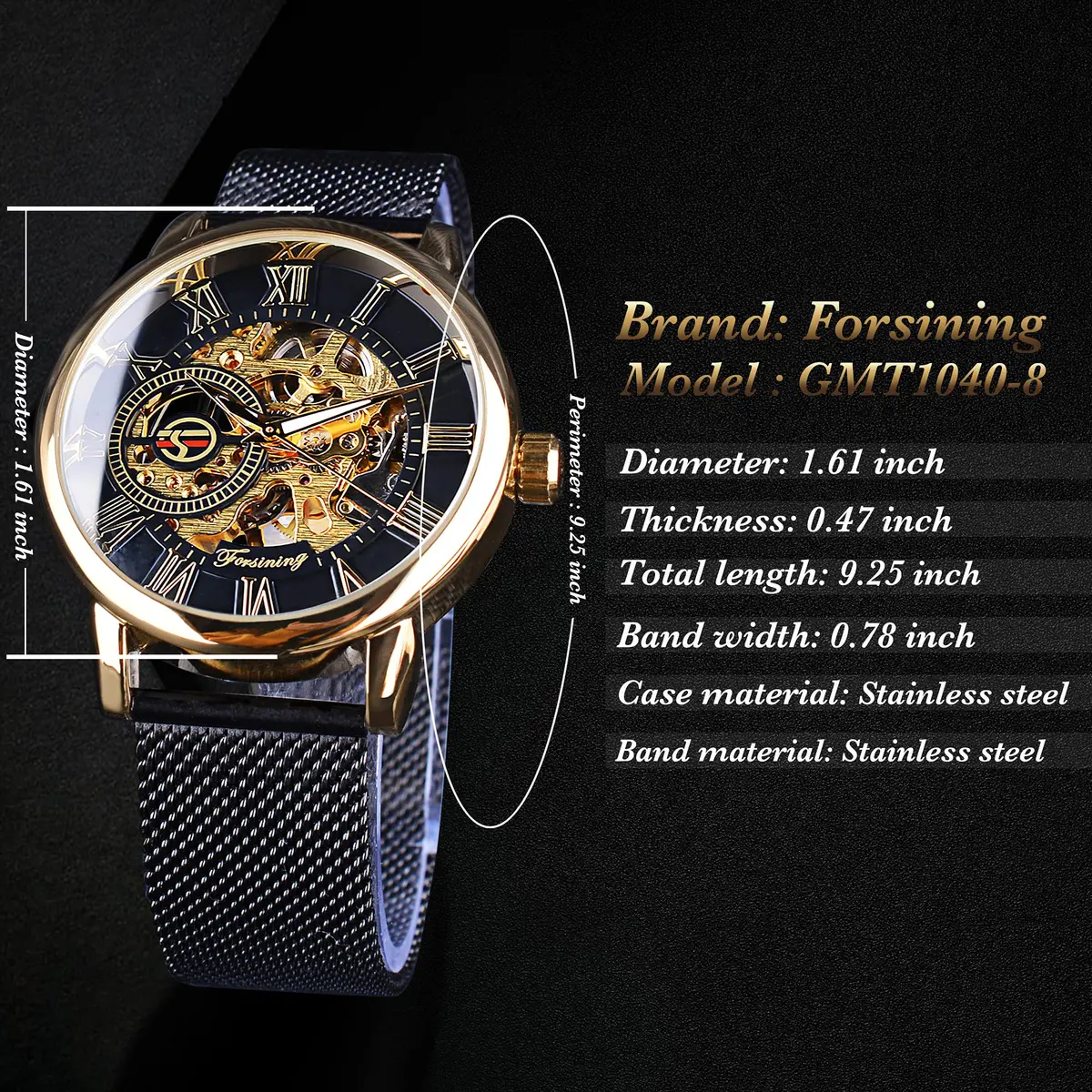 FORSINING Steampunk Mechanical Watch for Men | 37mm Case, Skeleton Dial, Mesh Band - view 4