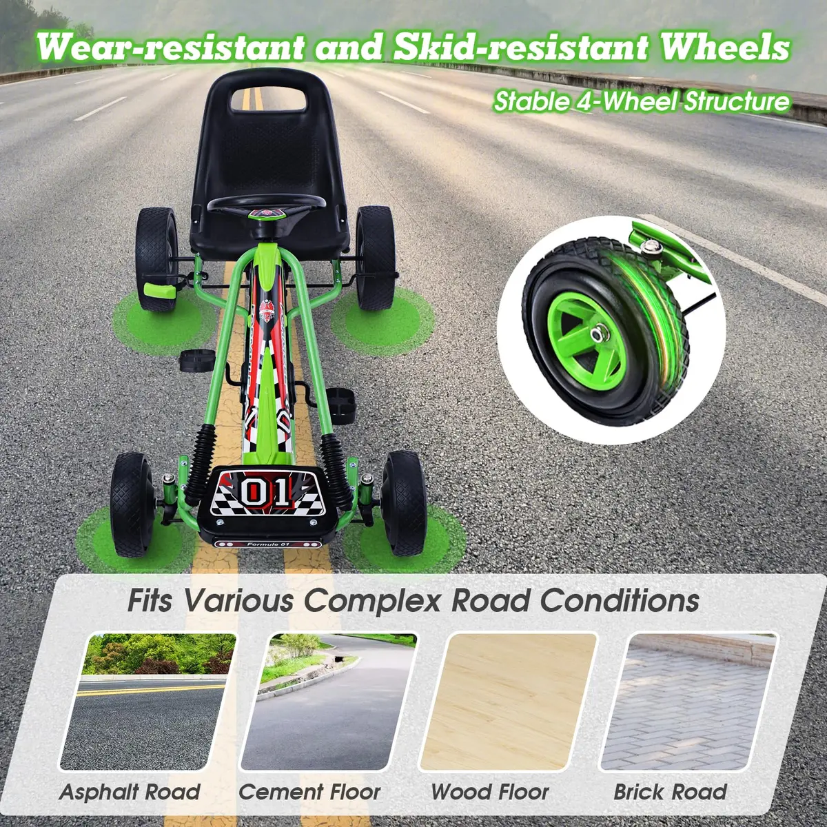 HONEY JOY Go Kart for Kids, 4 Wheel Off-Road Pedal Car | Adjustable Seat & EVA Tires (Green) - view 6