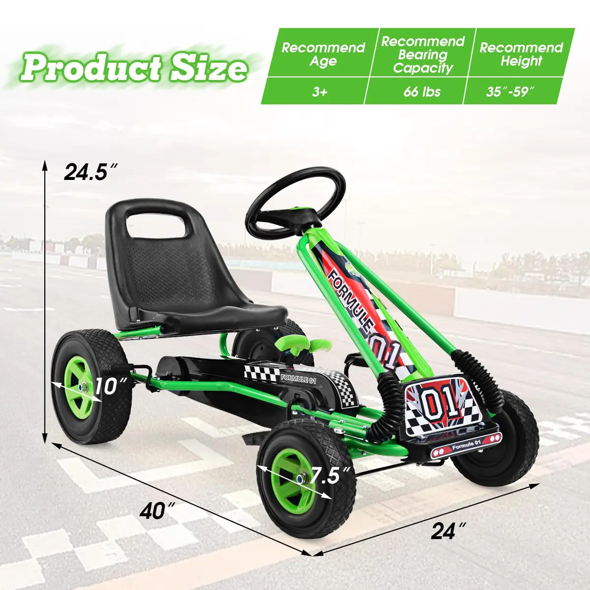 HONEY JOY Go Kart for Kids, 4 Wheel Off-Road Pedal Car | Adjustable Seat & EVA Tires (Green) - view 7