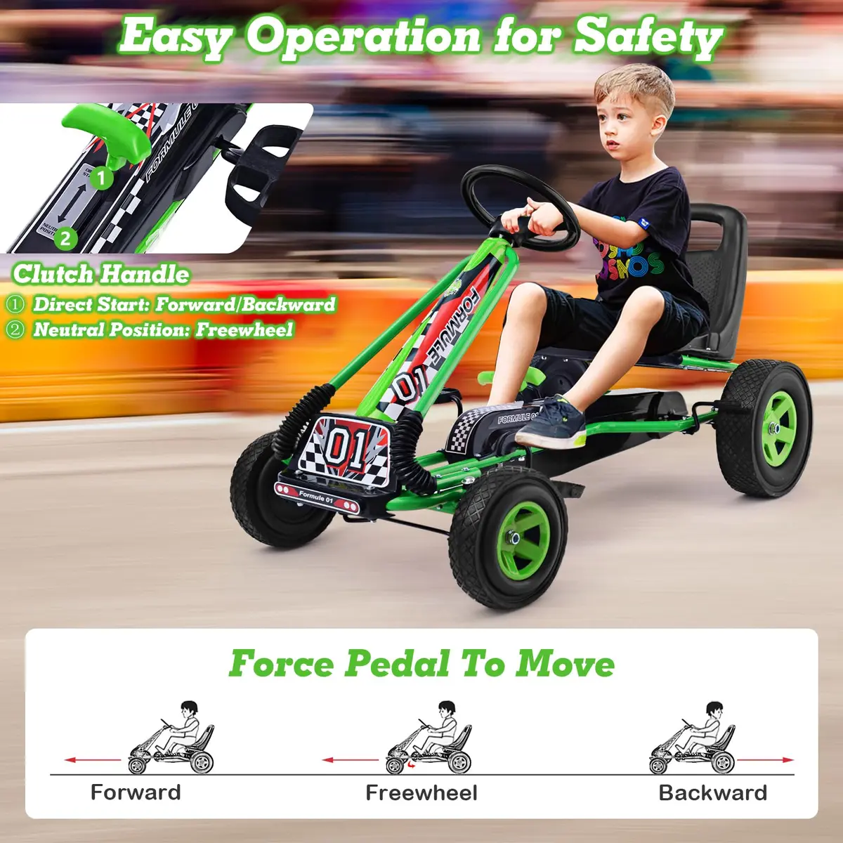 HONEY JOY Go Kart for Kids, 4 Wheel Off-Road Pedal Car | Adjustable Seat & EVA Tires (Green) - view 3