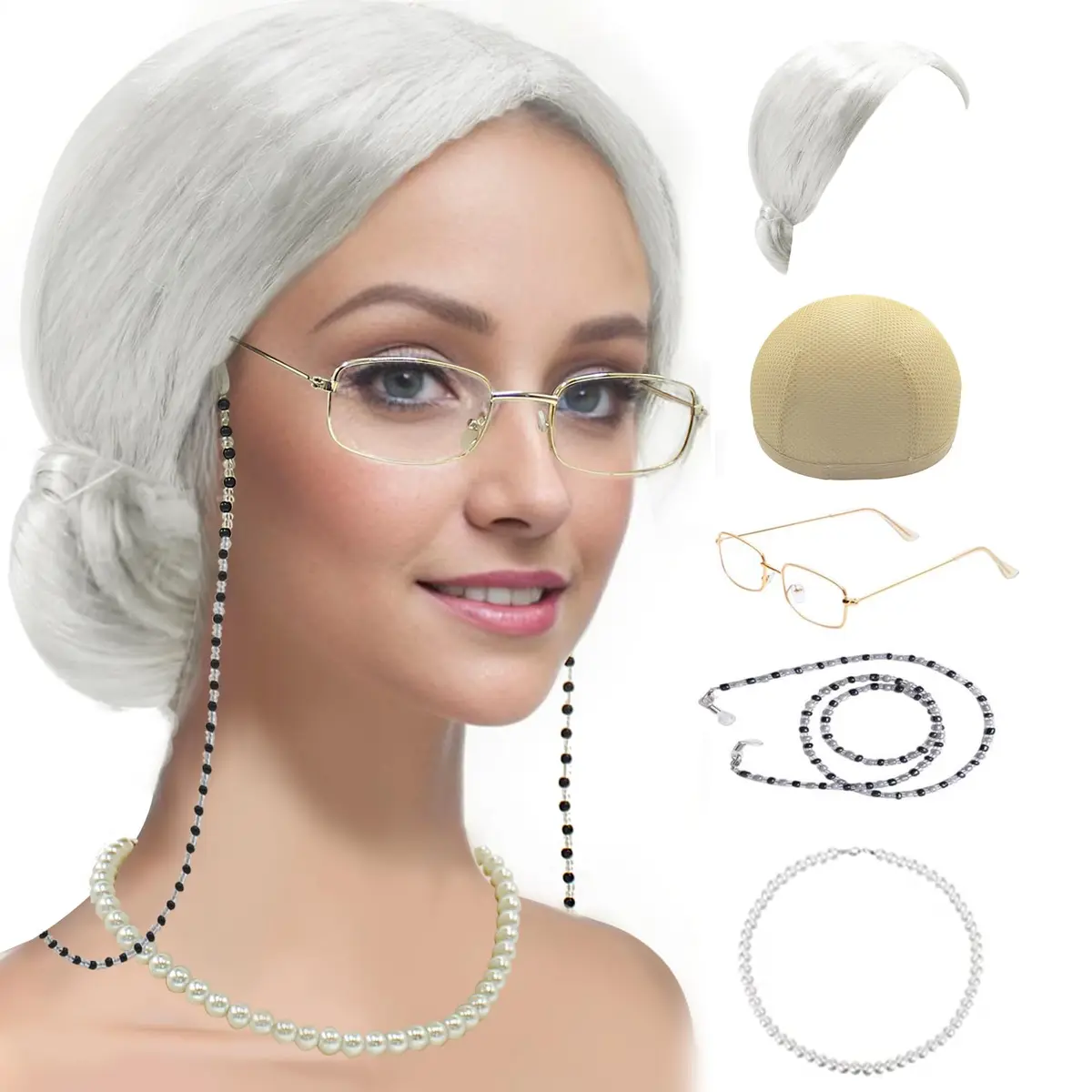 Cupohus Old Lady Costume Set Grandma Wig Granny Wig Cap Madea Granny Glasses Eyeglass Chains Cords Faux Pearl Bead Necklace (silver white bun) | Cosplay Costume - main product image