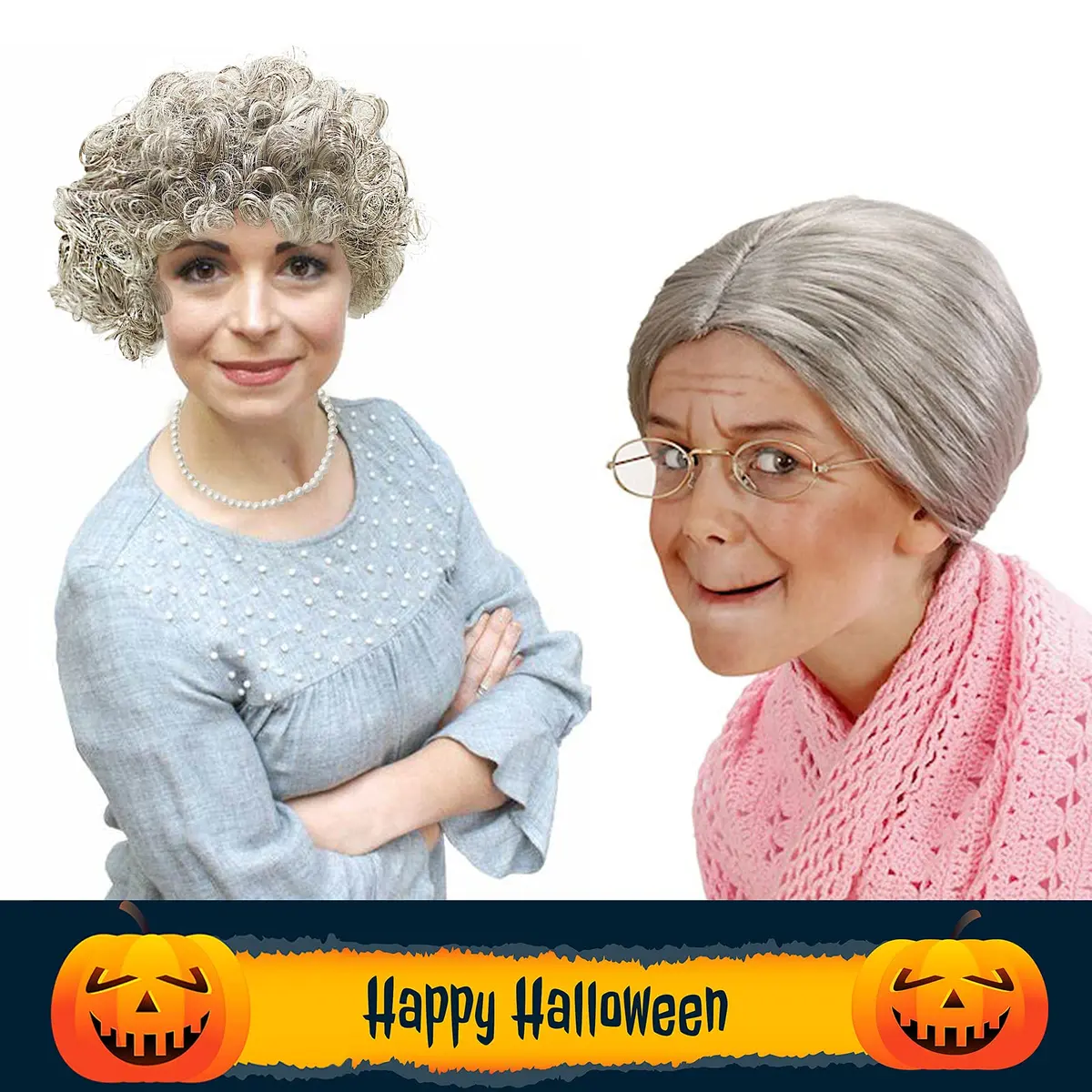 Cupohus Old Lady Costume Set Grandma Wig Granny Wig Cap Madea Granny Glasses Eyeglass Chains Cords Faux Pearl Bead Necklace (silver white bun) | Cosplay Costume - view 5