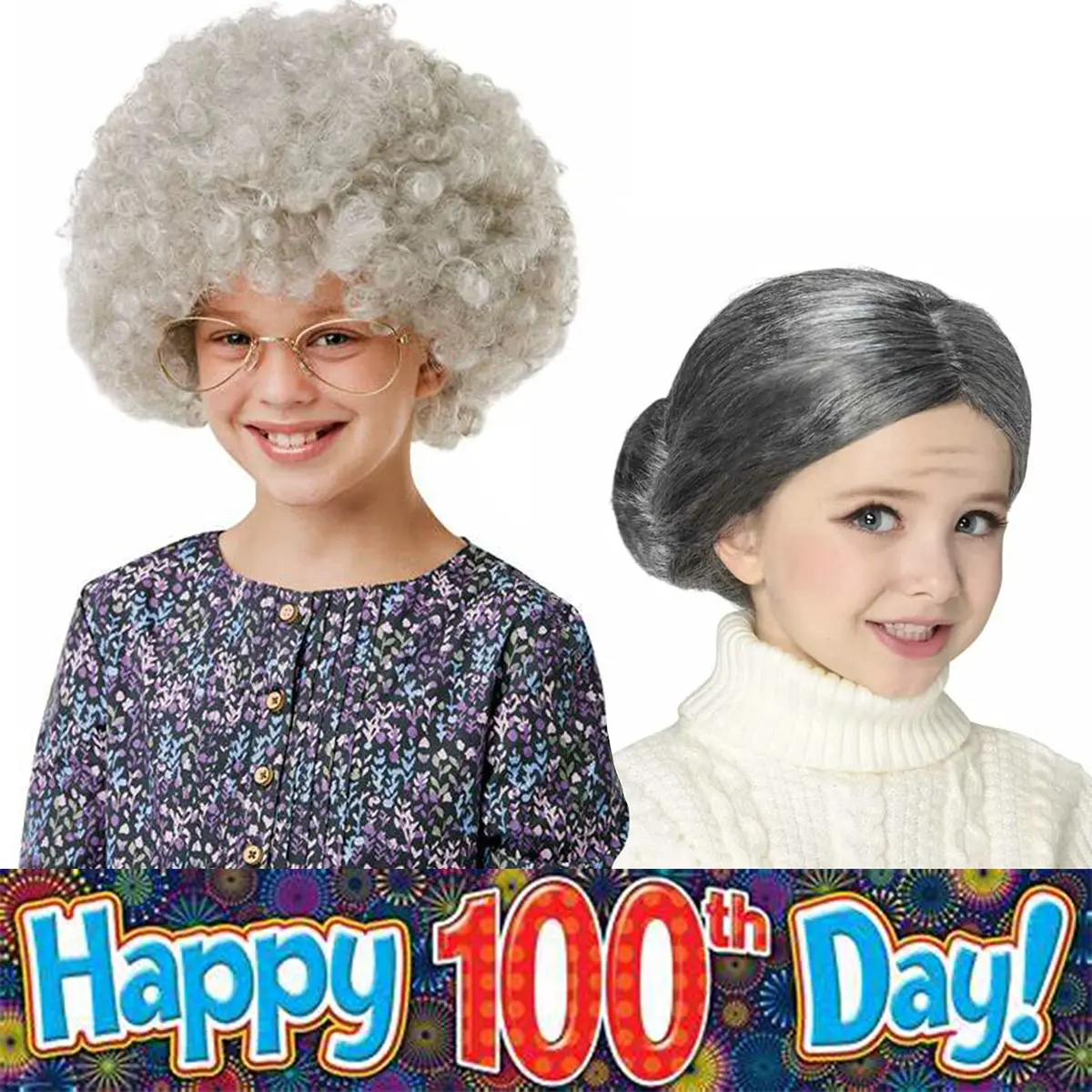 Cupohus Old Lady Costume Set Grandma Wig Granny Wig Cap Madea Granny Glasses Eyeglass Chains Cords Faux Pearl Bead Necklace (silver white bun) | Cosplay Costume - view 6