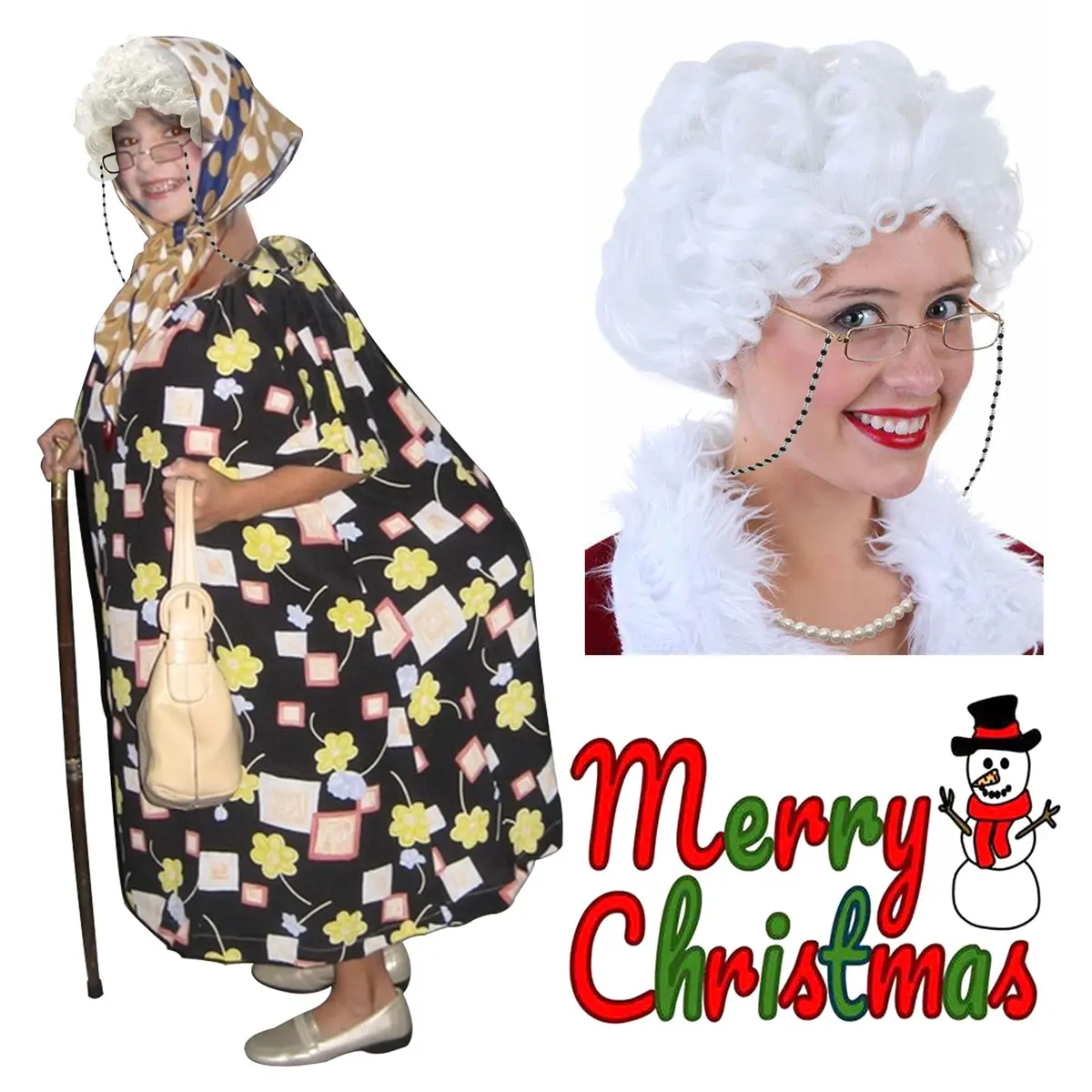Cupohus Old Lady Costume Set Grandma Wig Granny Wig Cap Madea Granny Glasses Eyeglass Chains Cords Faux Pearl Bead Necklace (silver white bun) | Cosplay Costume - view 7