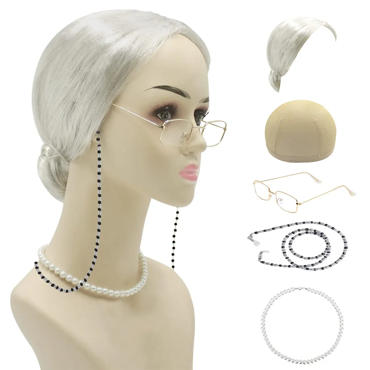 Cupohus Old Lady Costume Set Grandma Wig Granny Wig Cap Madea Granny Glasses Eyeglass Chains Cords Faux Pearl Bead Necklace (silver white bun) | Cosplay Costume - view 2
