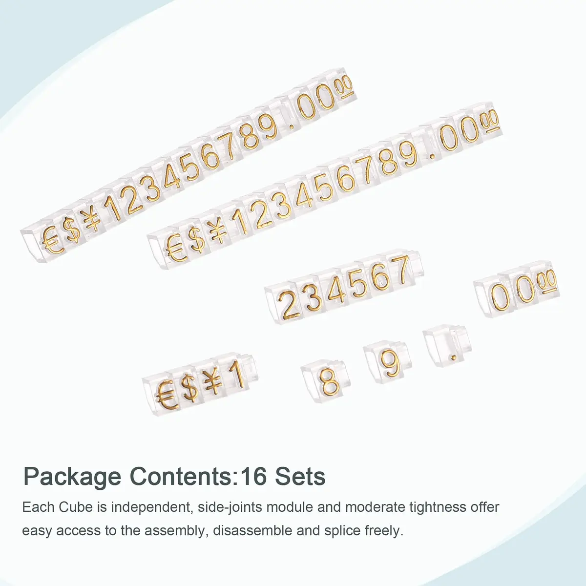 MECCANIXITY Adjustable Removable Mini Cube Price Tag Display Number Letter Price Label Stand Block Kit Gold on Clear (16 Sets) - view 2