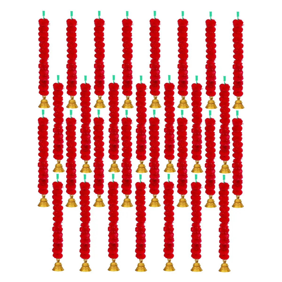 iHandikart Handmade Decorative Marigold Fluffy Garland with Bell 75cm (2.5 ft) Red | Pack of 30 - main product image