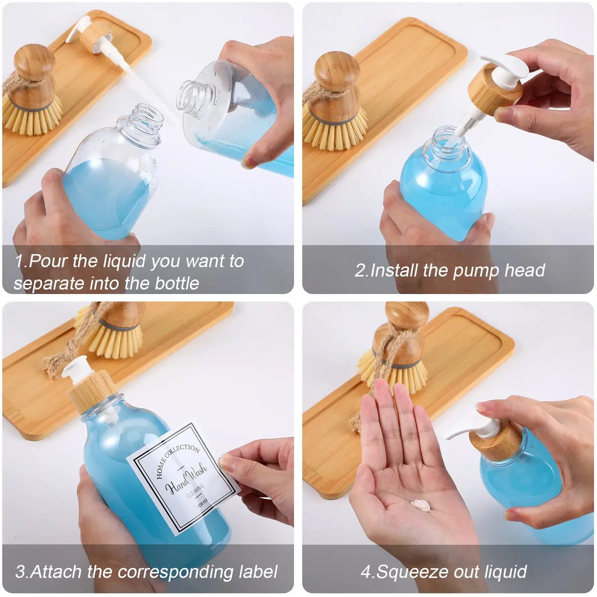 Zopeal Transparent Soap Dispenser Set with Bamboo Tray & Brush | 500ml (16 oz) Refillable Countertop Dispensers (2-Pack) - view 6