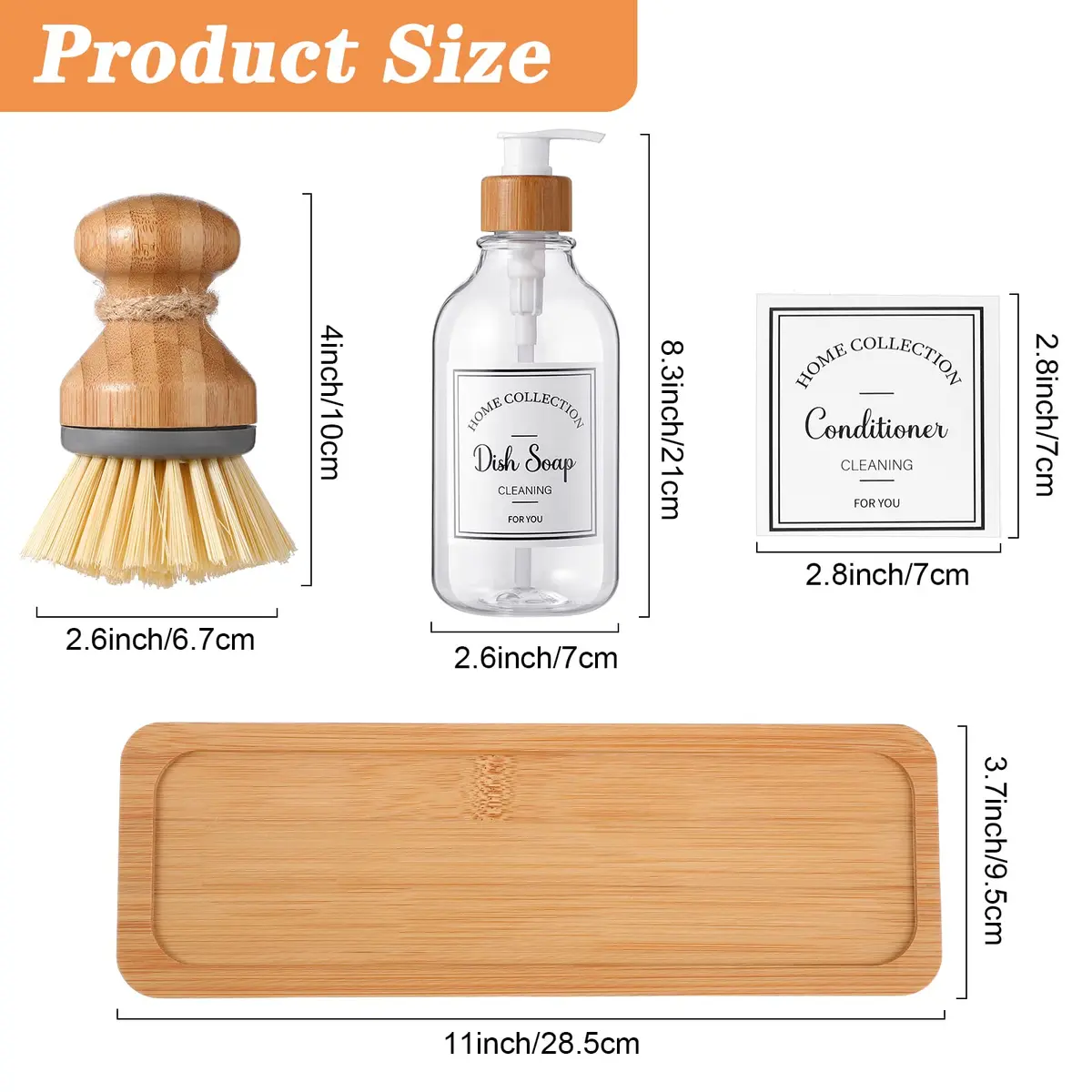Zopeal Transparent Soap Dispenser Set with Bamboo Tray & Brush | 500ml (16 oz) Refillable Countertop Dispensers (2-Pack) - view 2