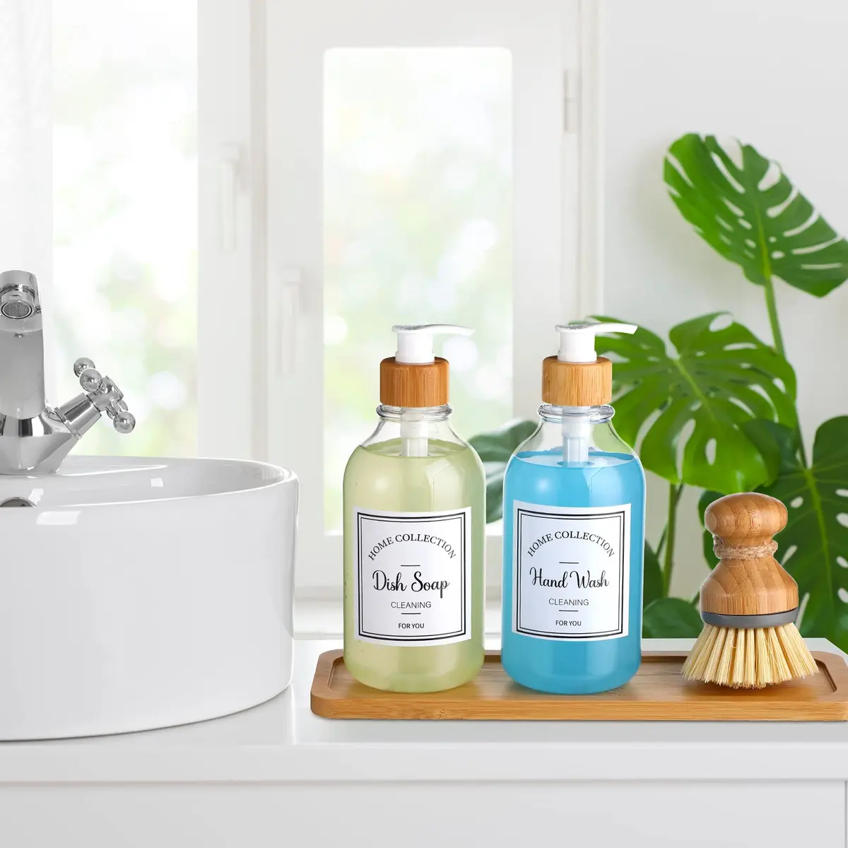 Zopeal Transparent Soap Dispenser Set with Bamboo Tray & Brush | 500ml (16 oz) Refillable Countertop Dispensers (2-Pack) - view 3
