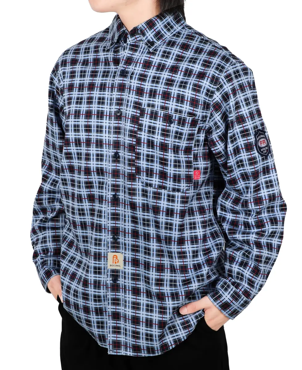 BOCOMAL Men's FR Shirts Printed Plaid Button Up 6.5oz Lightweight Workwear | NFPA 70E & NFPA 2112 Certified - main product image