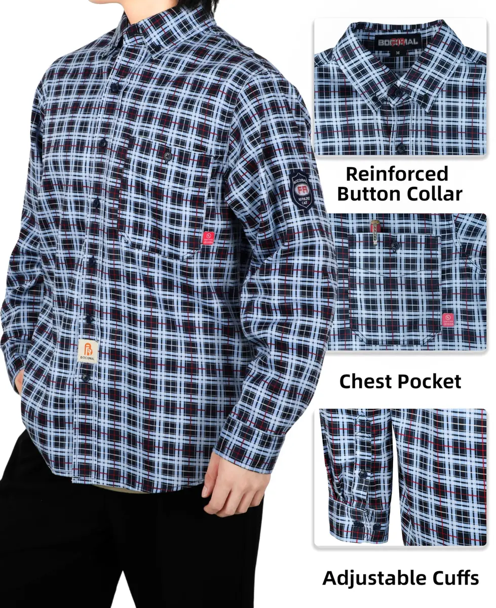 BOCOMAL Men's FR Shirts Printed Plaid Button Up 6.5oz Lightweight Workwear | NFPA 70E & NFPA 2112 Certified - view 5