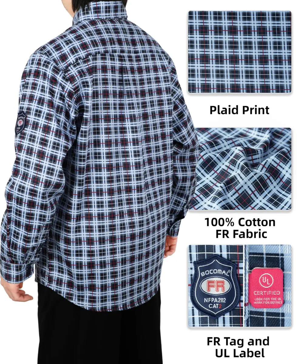 BOCOMAL Men's FR Shirts Printed Plaid Button Up 6.5oz Lightweight Workwear | NFPA 70E & NFPA 2112 Certified - view 6
