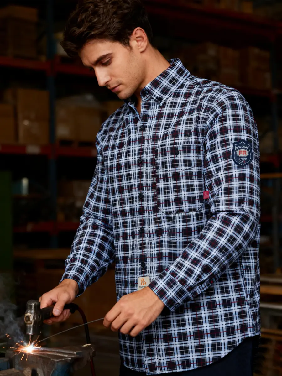 BOCOMAL Men's FR Shirts Printed Plaid Button Up 6.5oz Lightweight Workwear | NFPA 70E & NFPA 2112 Certified - view 2