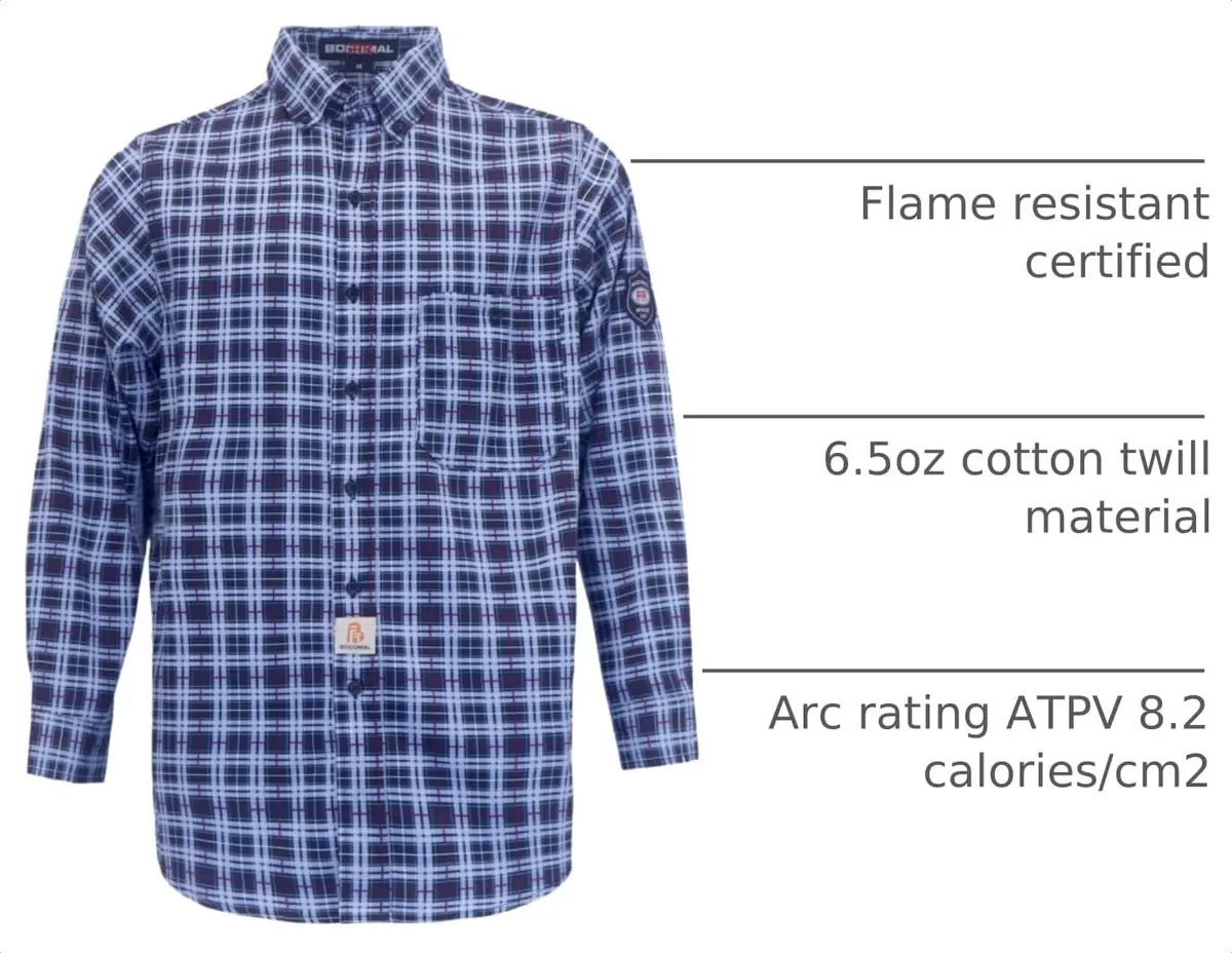 BOCOMAL Men's FR Shirts Printed Plaid Button Up 6.5oz Lightweight Workwear | NFPA 70E & NFPA 2112 Certified - view 4