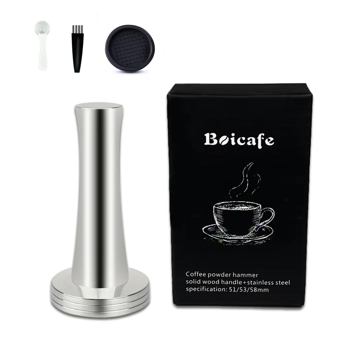 Boicafe 39mm Coffee Tamper with Mat & Brush - 304 Stainless Steel Base, Heavy Duty Espresso Presser (Silver) - main product image
