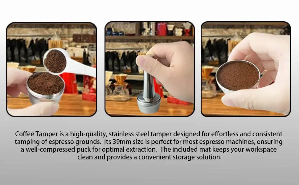 Boicafe 39mm Coffee Tamper with Mat & Brush - 304 Stainless Steel Base, Heavy Duty Espresso Presser (Silver) - view 9
