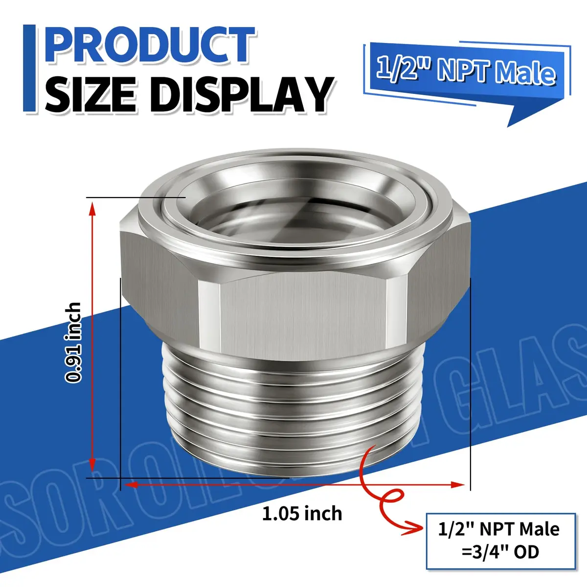 Boltigen Stainless Steel Oil Sight Glass 1/2 NPT Male Hex Head | Pressure Rated 800 PSI - view 3