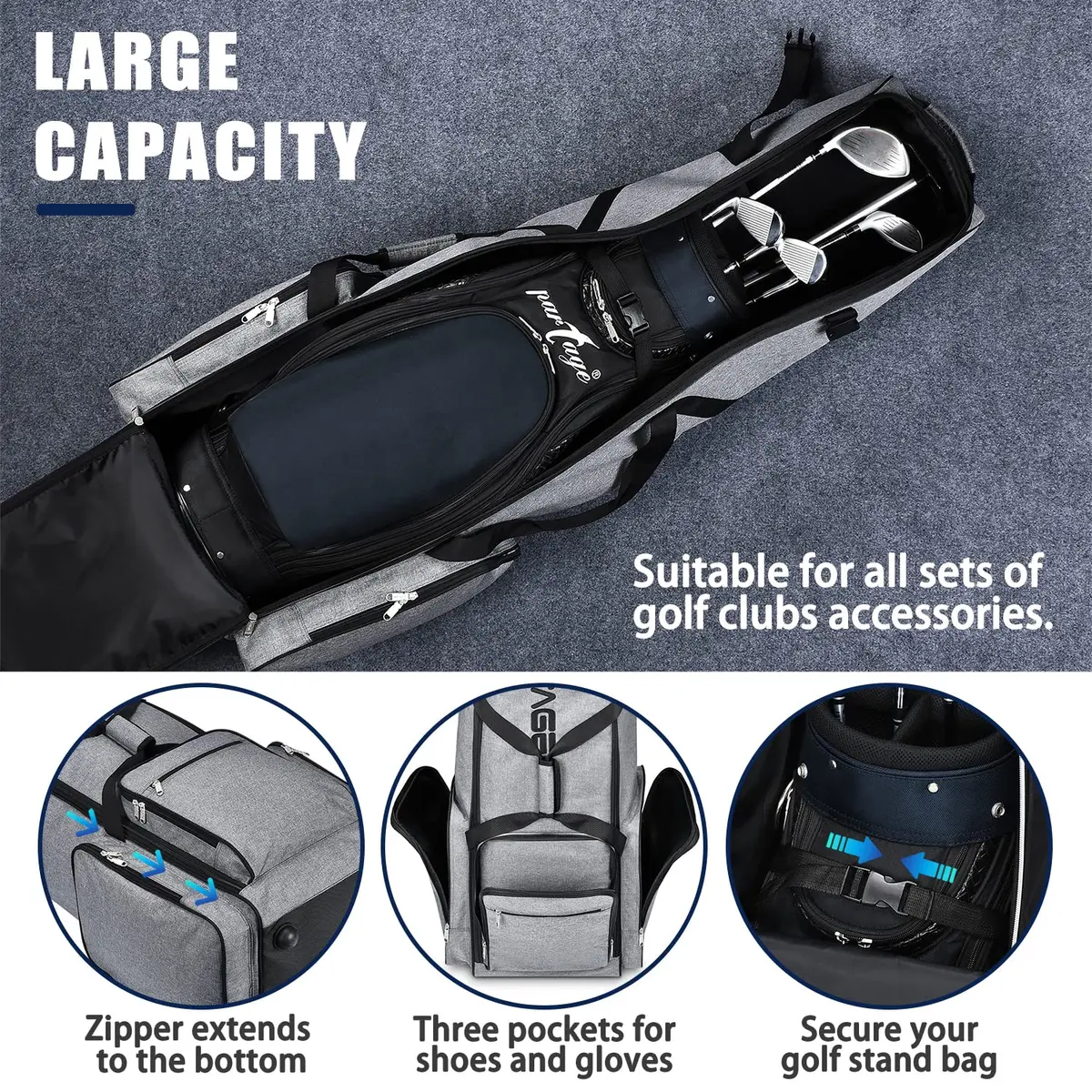 Partage Golf Travel Bag with Wheels & Padded Protection, 132 cm (51 Inches) | Gray - view 3
