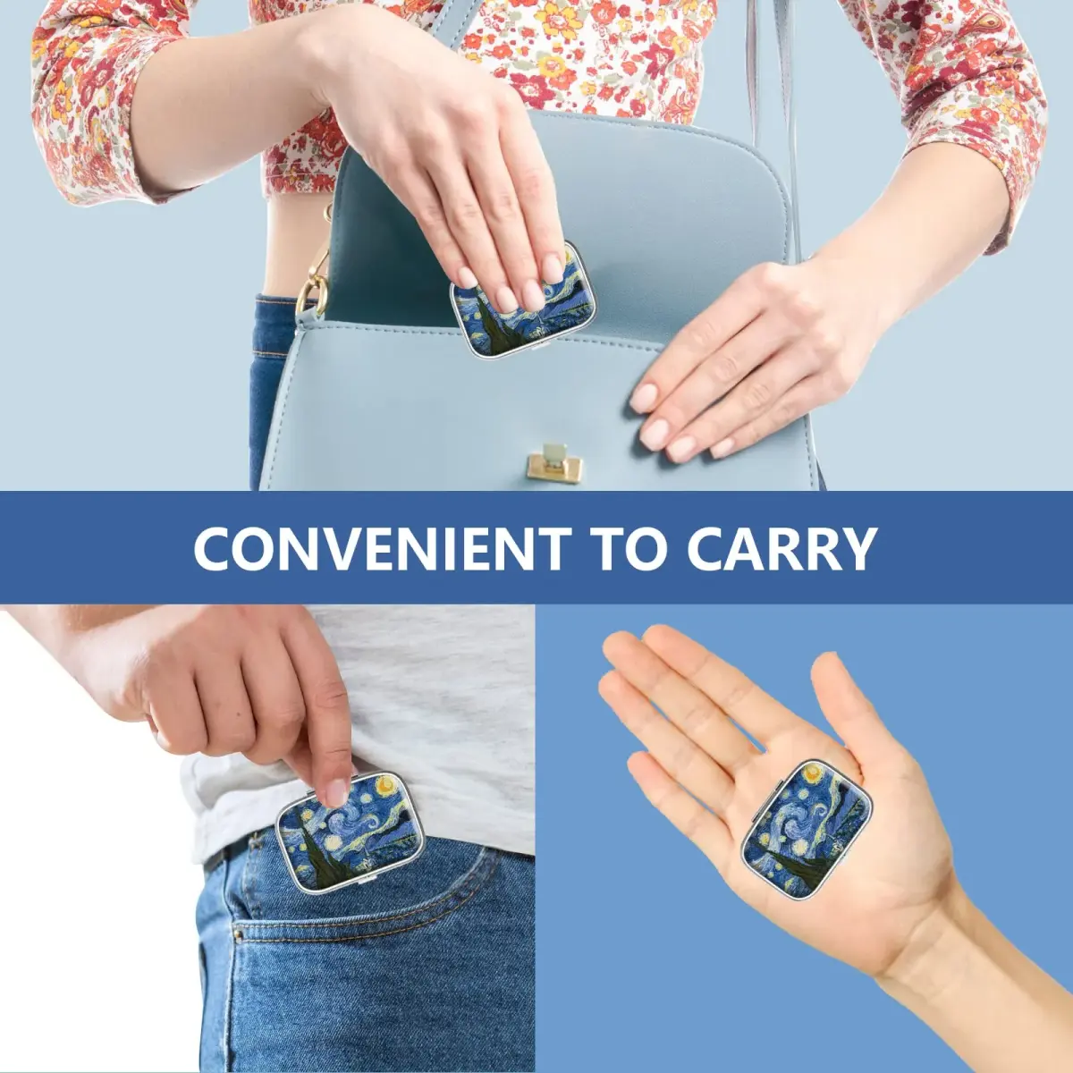 Hion Portable Pill Box 2 Compartment Metal with Plastic Divider | Van Gogh Starry Night Design - view 6