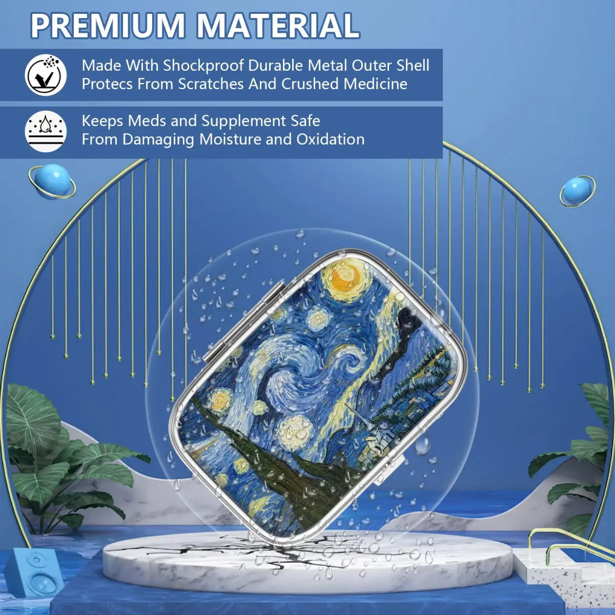 Hion Portable Pill Box 2 Compartment Metal with Plastic Divider | Van Gogh Starry Night Design - view 2