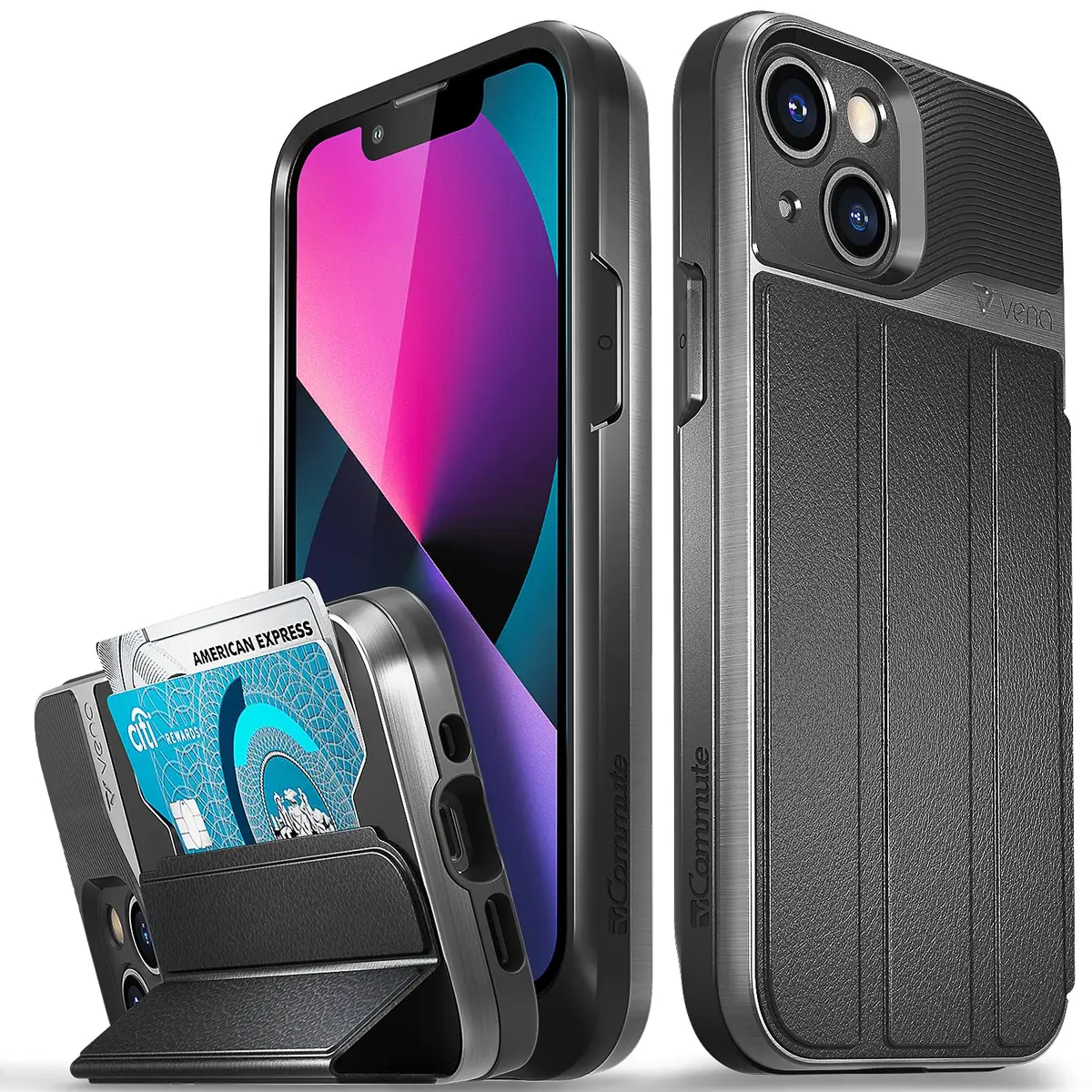 VENA vCommute Wallet Case for iPhone 13 Mini, Black | Military Drop Protection & Magnetic Stand - main product image