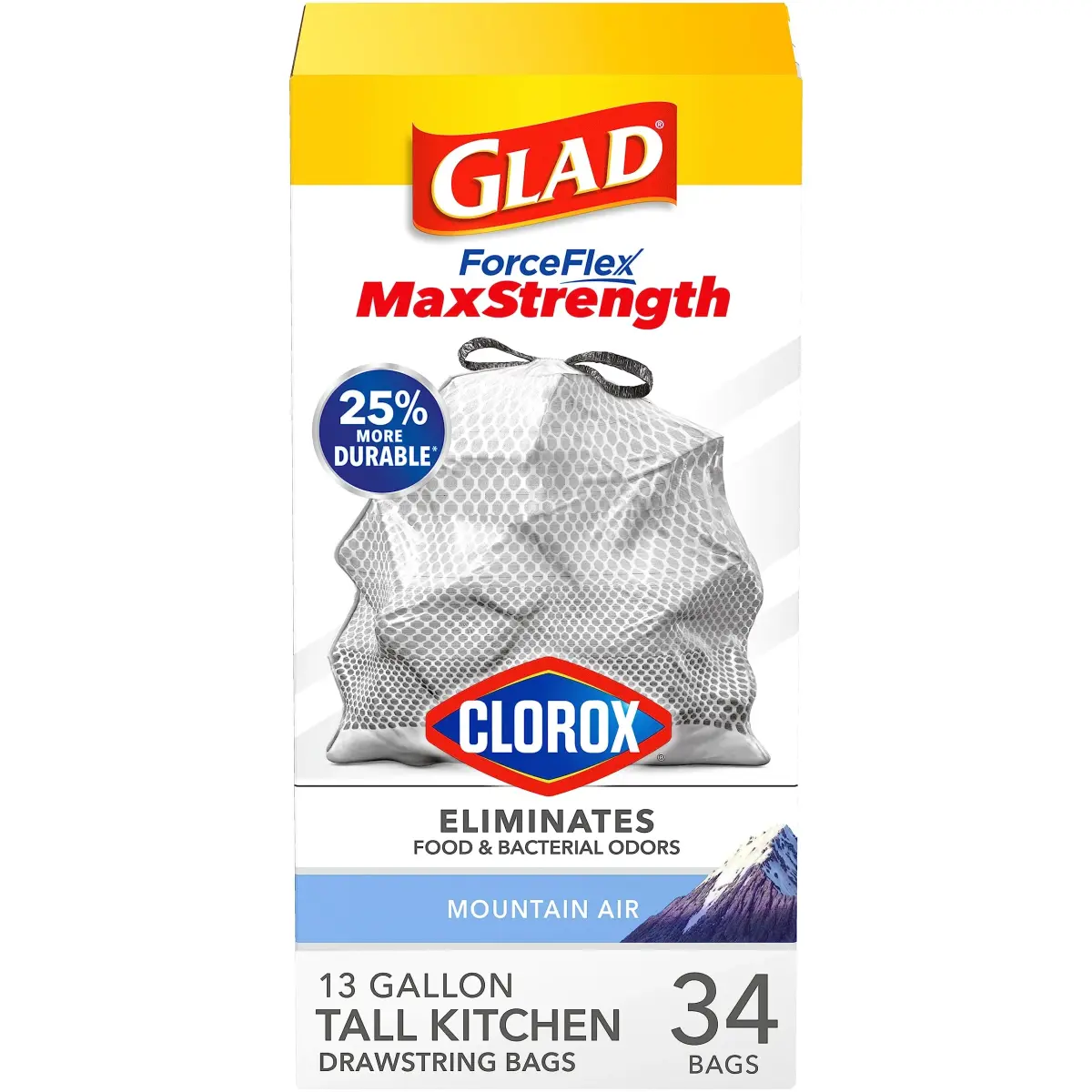 Glad ForceFlex MaxStrength Tall Kitchen Trash Bags 13 Gal 34 Count | Odor Control & Leak Protection - main product image