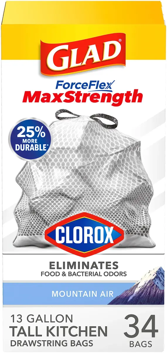 Glad ForceFlex MaxStrength Tall Kitchen Trash Bags 13 Gal 34 Count | Odor Control & Leak Protection - main product image