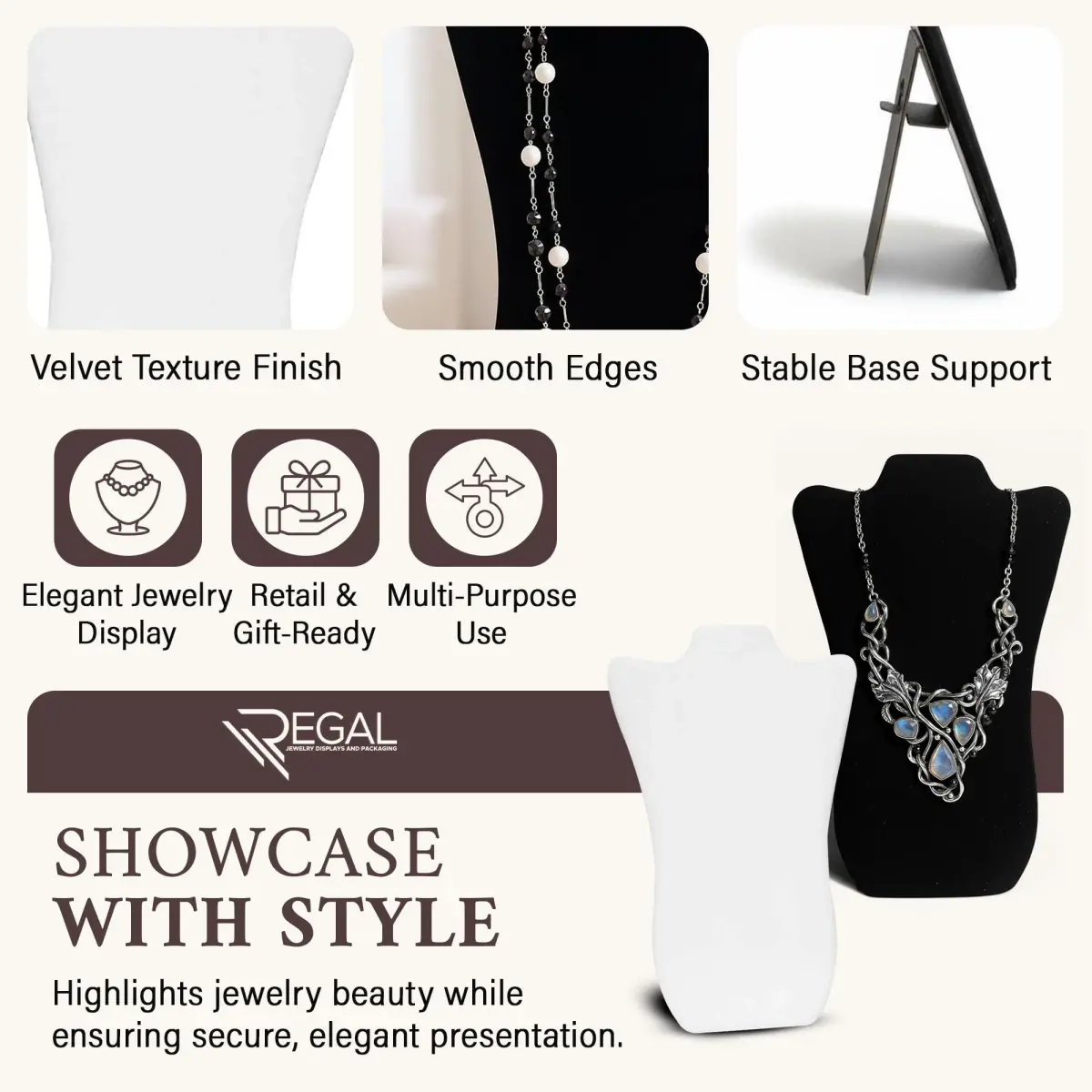 RJ Displays Velvet Necklace Jewelry Display Stand Holder 36cm (14") | Organizes Necklaces for Retail & Personal Use - view 3